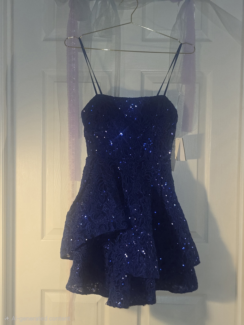 Royal Blue Spaghetti-Strap Sequin Lace Party Dress for Juniors